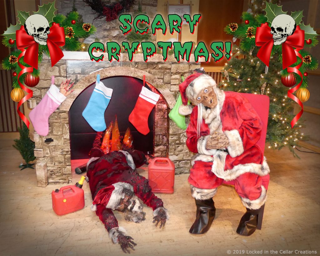 Our "Scary Cryptmas" Horror Christmas Photo Experience features a fire place, Santa's Corpse, gasoline canisters and our actor as Crypt Kringle.