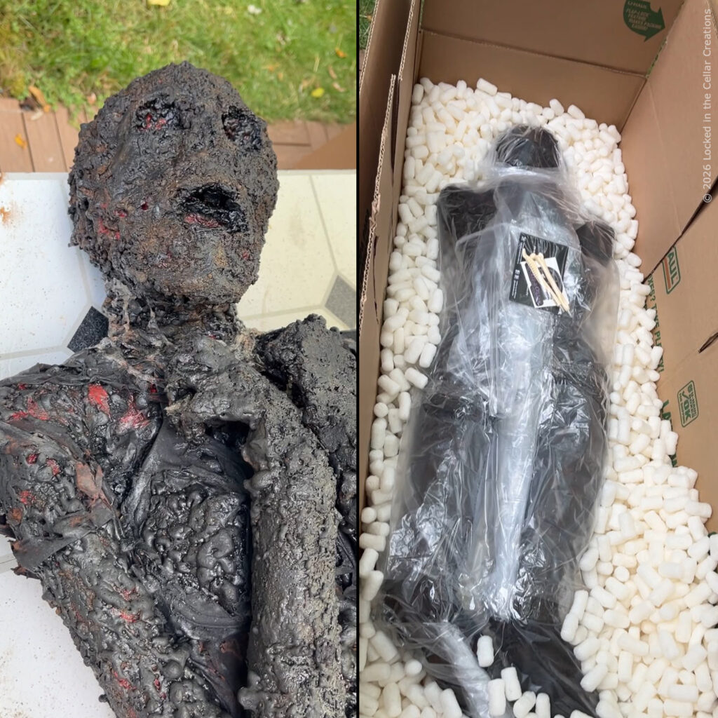Life size burnt corpse, custom made for a TV show, packed securely for its journey across the country.