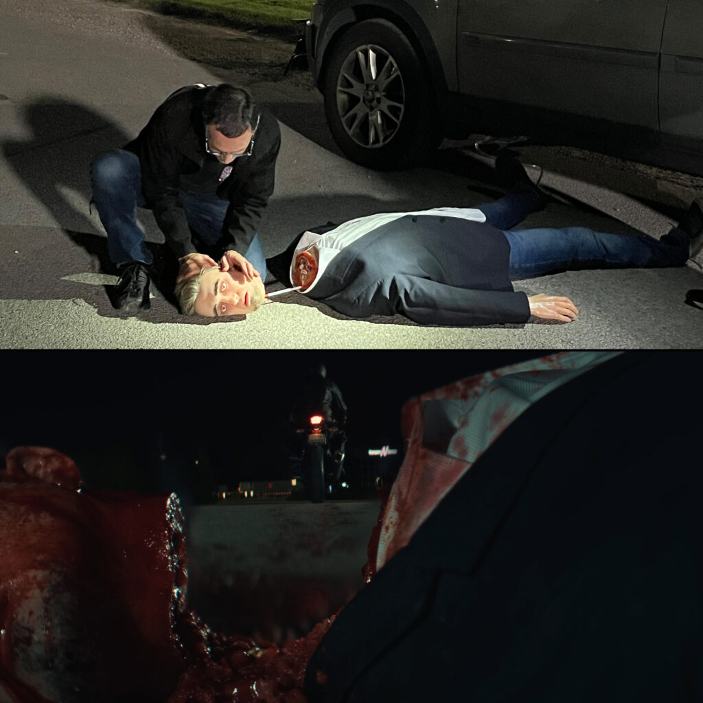 Brian working on staging a body after a drive through accident, for Death Cycle.